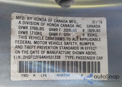 2019 Honda Civic Lx из США, поврежденный, VIN 2HGFC2F64KH531338